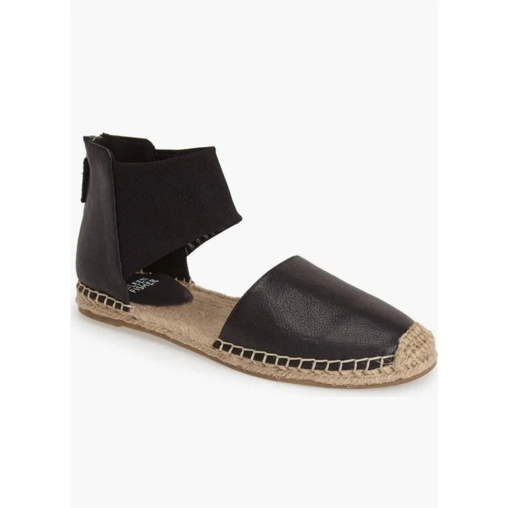 Eileen Fisher Leather Sandal Coy Espadrille Skimmer Flat Mesh Back Zip Black 7.5